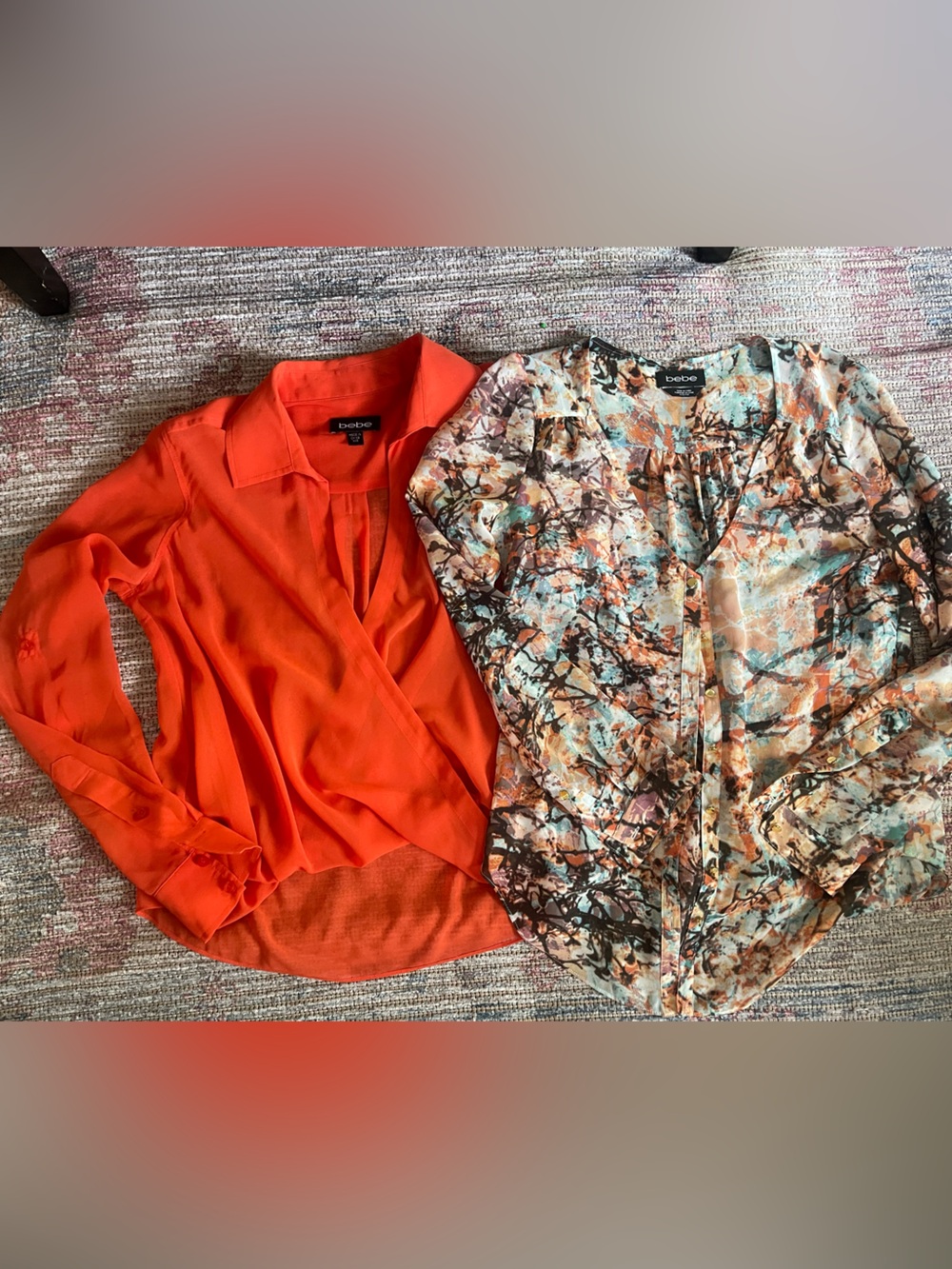 bebe Bright Orange Blouse & Multicolor Printed Sheer Top Duo